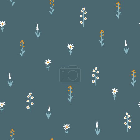 Minimalistisches florales nahtloses Muster. Blumenwiese, Frühlingsfeld, Kamillenblüte im einfachen skandinavischen Cartoon-Stil. Die limitierte Pastellpalette für Babybekleidung, Textilien, Stoffe
