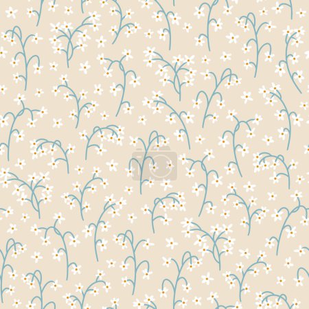 Floral seamless pattern. Flower meadow, spring field, blooming chamomile branch in simple scandinavian hand drawn cartoon style. The limited pastel palette is ideal for baby clothes, textiles, fabric