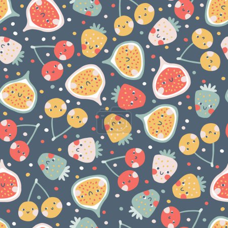 Tropical Fruit seamless pattern with polka dots. Vector cartoon childish background with cute smiling fruit characters in simple hand-drawn style. Pastel colors Perfect for printing fabrics, clothes