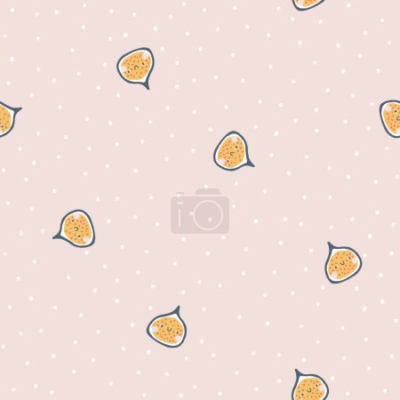 Fig character seamless pattern with smiley face fruit on a polka dot background. Hand-drawn cartoon doodle in simple naive style. Vector illustrations in a pastel palette for kids