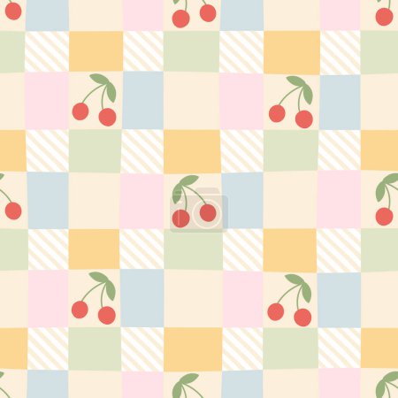 Gingham seamless vector pattern with kawaii cherry. Tartan check for tablecloths, napkins, clothes, packaging, for the Easter holiday. Cozy cute childish background in a pastel palette