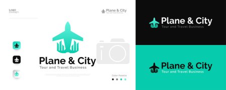 Illustration for Plane and City Logo Design with Gradient Concept. Modern and Abstract Airplane Logo or Icon, Suitable for Aviation, Airlines, Tourism, Travel or Real Estate Business Logo - Royalty Free Image