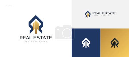 Abstraktes und luxuriöses Immobilien-Logo-Design im Blau-Gold-Gradient-Stil. Logo der Bau- und Architekturbranche