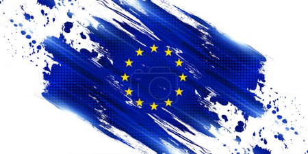 Illustration for European Union Flag in Brush Paint Style with Halftone Effect. Flag of Europe with Grunge Concept - Royalty Free Image
