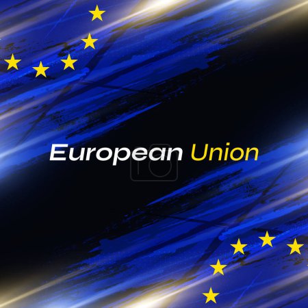 Illustration for European Union Flag in Brush Paint Style with Halftone and Glowing Light Effects. Flag of Europe with Grunge Concept - Royalty Free Image