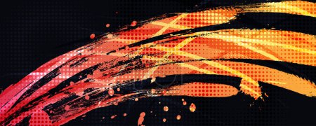 Orange Farbverlauf Pinselstruktur isoliert auf schwarzem Hintergrund mit Halbtoneffekt. Sport-Hintergrund mit Grunge-Stil
