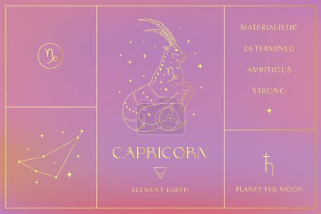 Illustration for Capricorn Zodiac Sign Golden Design, Esoteric Abstract Logo, Mystic Spiritual Symbols, Icons. Astrology, Moon and Stars, Magic Esoteric Art. - Royalty Free Image