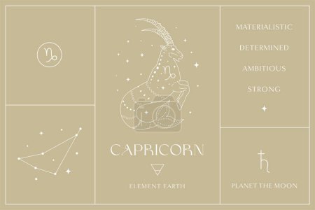 Illustration for Capricorn Zodiac Sign White Design, Esoteric Abstract Logo, Mystic Spiritual Symbols, Icons. Astrology, Moon and Stars, Magic Esoteric Art. - Royalty Free Image