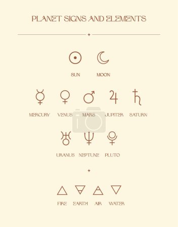 Signes et éléments planétaires, icônes du zodiaque, logo abstrait ésotérique, symboles spirituels mystiques. Astrologie, Lune et étoiles, Art ésotérique magique.