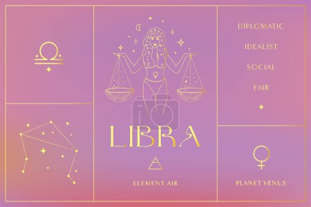 Libra Zodiac Sign Design, Esoteric Abstract Logo, Mystic Spiritual Symbols, Icons. Astrology, Moon and Stars, Magic Esoteric Art. Golden Set.