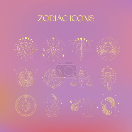 Iconos dorados del zodíaco, logotipo abstracto esotérico, símbolos espirituales místicos. Astrología, Luna y Estrellas, Arte Esotérico Mágico.