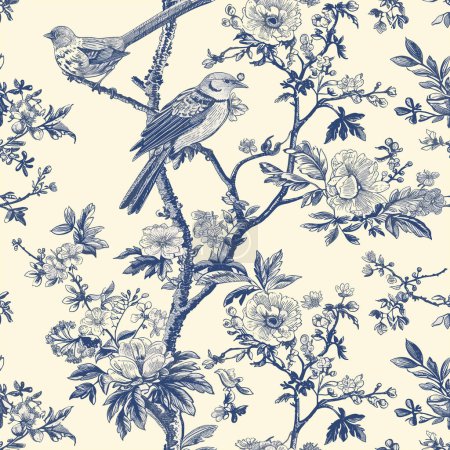 Illustration for Indulge in timeless elegance with our exquisite Toile De Jouy Vintage Floral Print Design Seamless Pattern. Featuring delicate florals, graceful birds, and romantic motifs, this seamless pattern is - Royalty Free Image