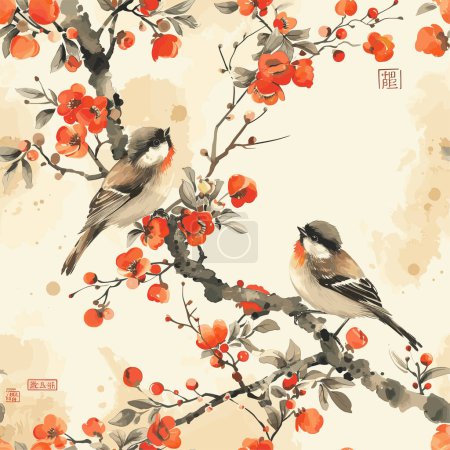 Téléchargez les illustrations : Natures Sérénité dans les détails peints, avec des tons tamisés, des oiseaux, des arbres, des graphiques vectoriels - en licence libre de droit