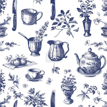 Illustration for Featuring delicate florals, wildflowers, and romantic motifs of cozy kitchen. This seamless pattern is crafted to perfection. Vector Graphics. - Royalty Free Image
