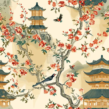 This captivating design blends intricate Chinese architecture, adorned with delicate flowers, against a backdrop of serene clouds. Crafted with meticulous detail, this vector graphic seamlessly