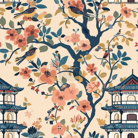 This captivating design blends intricate Chinese architecture, adorned with delicate flowers, against a backdrop of serene clouds. Crafted with meticulous detail, this vector graphic seamlessly