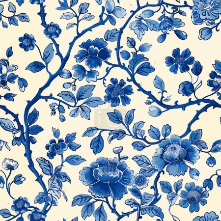 Chinesische traditionelle Ornament nahtlose Muster, Toile Muster, Druckdesign, Vektor Chinoiserie Blumenmuster, blau.