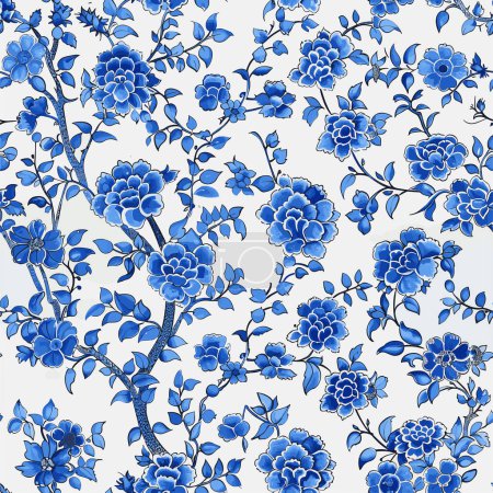 Chinese Traditional Ornament Seamless Pattern, toile pattern, print design, vector Chinoiserie floral pattern, blue.