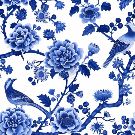 Illustration for Chinese Traditional Ornament Seamless Pattern, toile pattern, print design, vector Chinoiserie floral pattern, blue. - Royalty Free Image