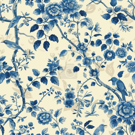 Illustration for Chinese Traditional Ornament Seamless Pattern, toile pattern, print design, vector Chinoiserie floral pattern, blue. - Royalty Free Image
