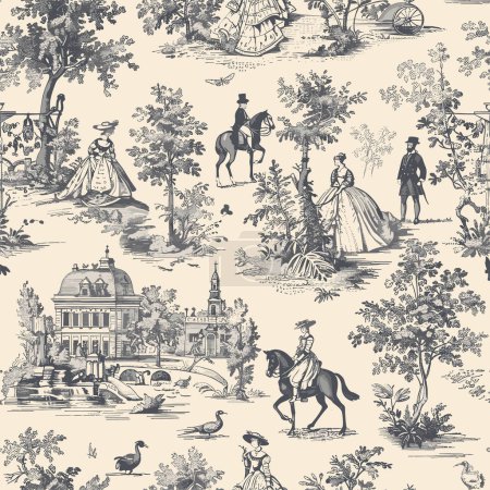 Featuring delicate florals, wildflowers, birds, horses, castles, buildings and romantic motifs, this seamless pattern is crafted to perfection.