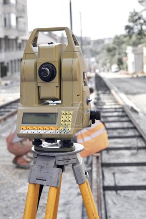 Photo for Theodolite instrument for measuring land angles during construction. - Royalty Free Image