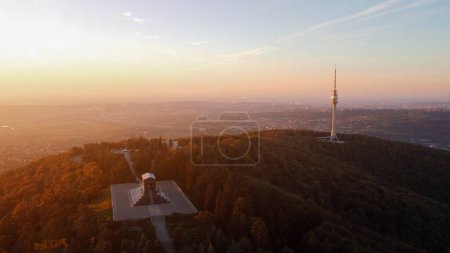 Photo for Aerial shot of mountain Avala and communication tower and a monument of unknown hero, symbols of Belgrade, Serbia. - Royalty Free Image