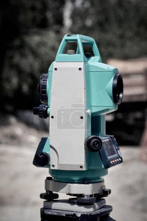 Photo for Theodolite instrument for measuring land angles during construction. - Royalty Free Image
