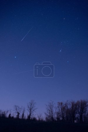 Foto de Constelación de Orión con estrella Sirio y lluvia de meteoritos. - Imagen libre de derechos