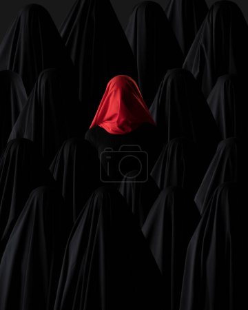 Téléchargez les photos : Belle photo de femmes en hijab avec une femme en hijab rouge parmi eux. Une belle photo pour la couverture d'un livre ou d'un film - en image libre de droit