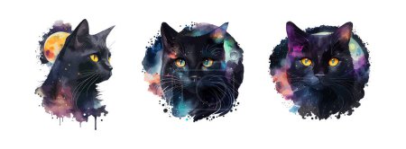 Ilustración de Acuarela Celestial Gato Negro pintura. Retrato de gato negro aislado sobre fondo blanco. Acuarela abstracta gato vector ilustración. - Imagen libre de derechos