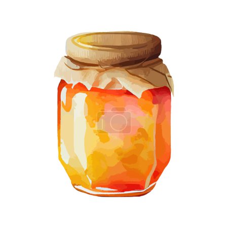Organic honey in a glass jar, perfect for a healthy and sweet breakfast or dessert. Golden liquid from beekeeping. Vector watercolor illustration.
