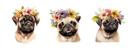 Cute French Bulldog watercolor isolated on white background. Cute portrait of dog with beautiful spring or summer flowers set. Vector illustration.