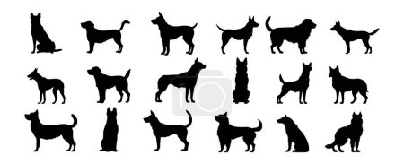 Illustration for Collection of dog silhouettes isolated on white background. Black puppy standing poses icon shape design vector illustration. - Royalty Free Image