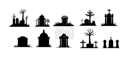 Set de tumbas de Halloween silueta de miedo aislado sobre fondo blanco. Diseño de elementos de horror de cementerio nocturno. Ilustración vectorial.