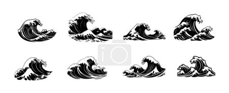 Téléchargez les illustrations : Ensemble de silhouette de vagues de mer isolé sur fond blanc. Nature océan graphique symbole vectoriel illustration. - en licence libre de droit