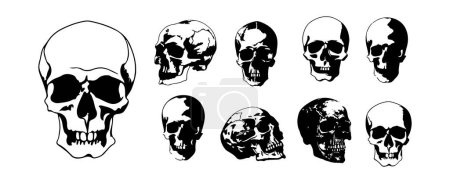 Foto de Conjunto de silueta de cráneo aislado sobre fondo blanco. Esqueleto negro símbolo, horror cabeza colección vector ilustración. - Imagen libre de derechos