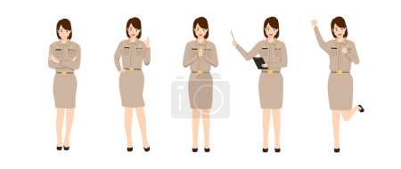 Woman Thai government officer, teacher, civil servant uniform, government job character, education worker character vector illustration.