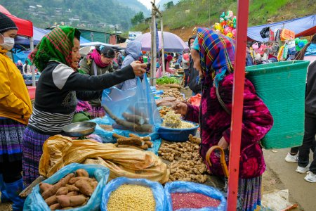 Téléchargez les photos : Can Cau, Vietnam - 17 décembre 2022 : Un vendeur de légumes au marché Can Cau dans la province de Lao Cai, Vietnam. - en image libre de droit