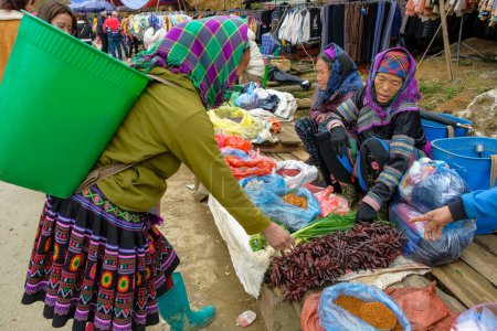 Téléchargez les photos : Can Cau, Vietnam - 17 décembre 2022 : Une femme vend des piments sur le marché de Can Cau dans la province de Lao Cai, Vietnam. - en image libre de droit