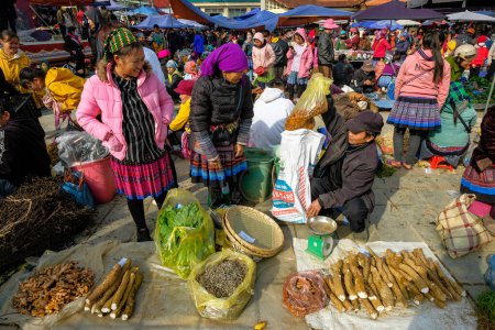 Téléchargez les photos : Bac Ha, Vietnam - décembre 18, 2022 : Femmes vendant des légumes sur le marché de Bac Ha au Vietnam. - en image libre de droit