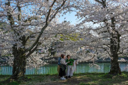 Photo for Kyoto, Japan - March 28, 2023: Women taking a selfie at the Okazaki canal with cherry blossoms in Kyoto, Japan. - Royalty Free Image