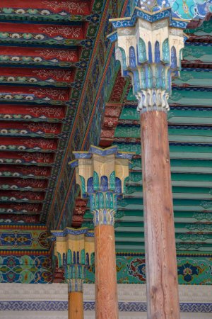 Photo for Kokand, Uzbekistan - October 24, 2023: Detail of the columns of the Khudayar Khan Palace in Kokand in the Fergana Valley, Uzbekistan. - Royalty Free Image