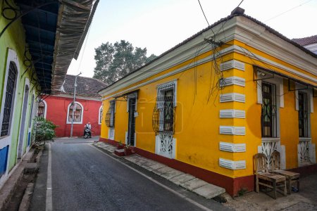 Photo for Panaji, India - February 2, 2024: View of a street in Panaji with colorful painted houses. Goa, India. - Royalty Free Image