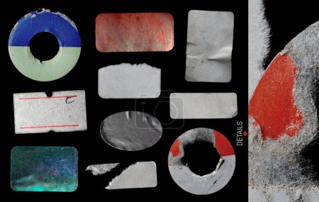 Blank sticker collection for a mockup isolated on black background. Old, torn and dirty sticker pack