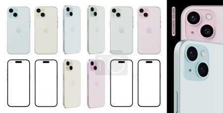 Foto de IPhone 15 en colores azul, amarillo, verde y rosa. iPhone 15 con pantalla vacía y diferentes maquetas de ángulo. - Imagen libre de derechos