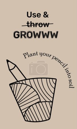 Illustration for Recycle, reuse, reduce. Think green, use and grow. Sow and Grow plantable seed pencil. Eco friendly, bioQ. Grow into Plants. Use and grow stationery. Vector hand drawn illustration. - Royalty Free Image