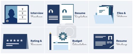 career services illustrations showing company reviews and ratings, budget calculator, resume writing services, resume templates, interview practice, resume samples, online interview, and hiring.