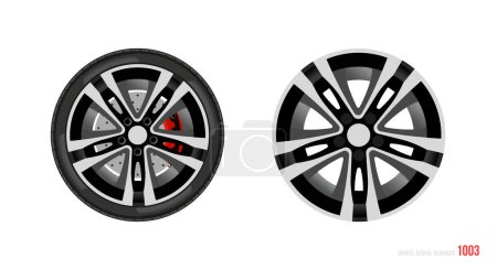 Illustration for Realistic car rim. Wheel and rim symbol in modern and flat style. Vector illustration of car element for web and mobile design. Isolated on white background. - Royalty Free Image