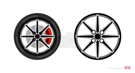 Illustration for Realistic car rim. Wheel and rim symbol in modern and flat style. Vector illustration of car element for web and mobile design. Isolated on white background. - Royalty Free Image